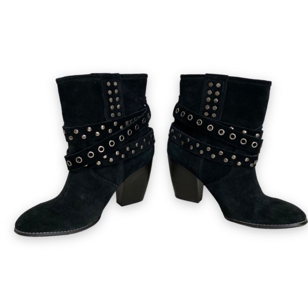 libby Edelman - Black Suede STudded Wrap Buckle Heeled Boot - Size 9.5 China - Picture 13 of 13